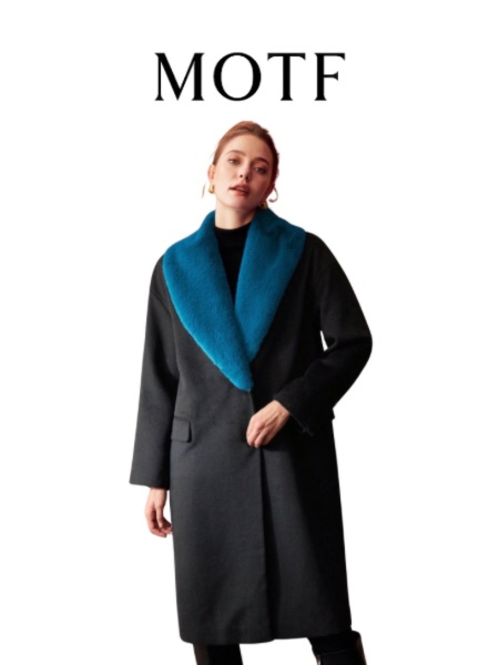 MOTF Black Coat with Teal Collar sz L wool blend